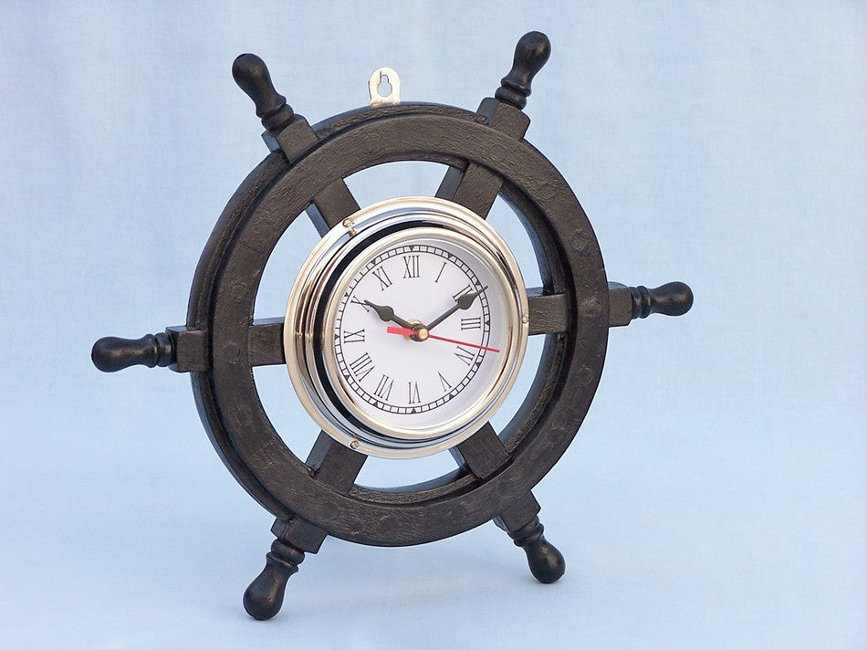 Deluxe Class Pirate Ship Wheel Clock, Wood and Chrome, 12"