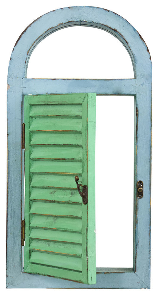 Vintage Window Shutter and Mirror Wall Decor, Green and Blue