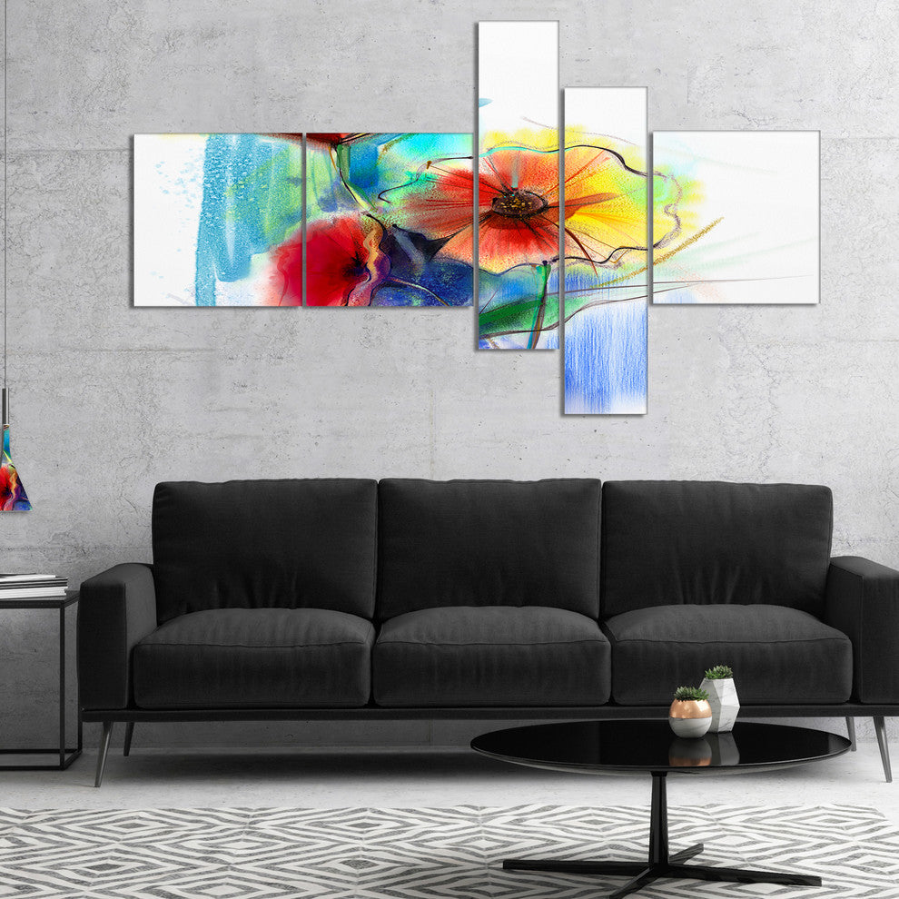 Watercolor Multi color Flower Illustration, Floral Canvas Art, 60"x32", 5 panels