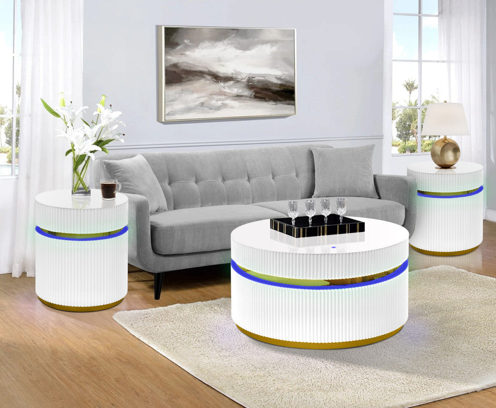 Tavita 3-Piece Round Coffee Table Set With Glass Top and LED Lights