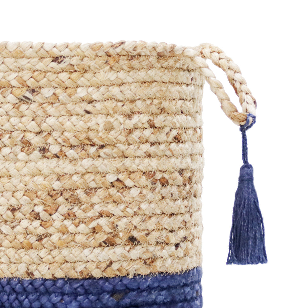Two-Tone Natural Jute Woven Decorative Basket with Handles, Sapphire Blue, 17"