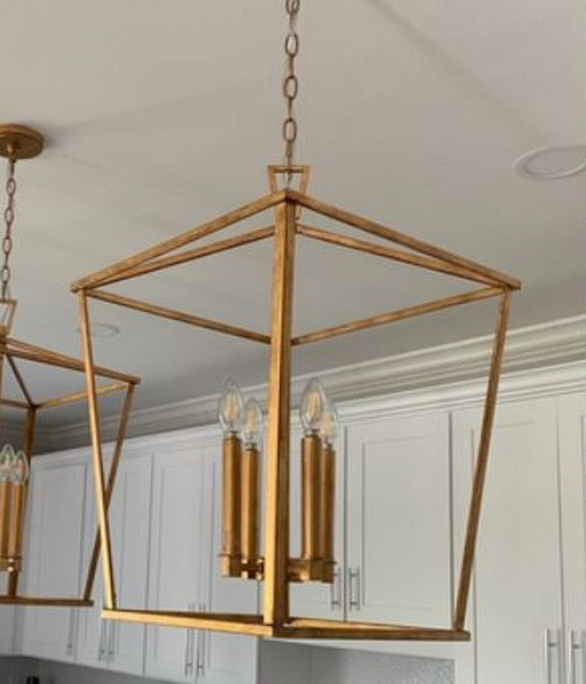 4 Light Farmhouse Lantern Island Pendant in Distressed Gold