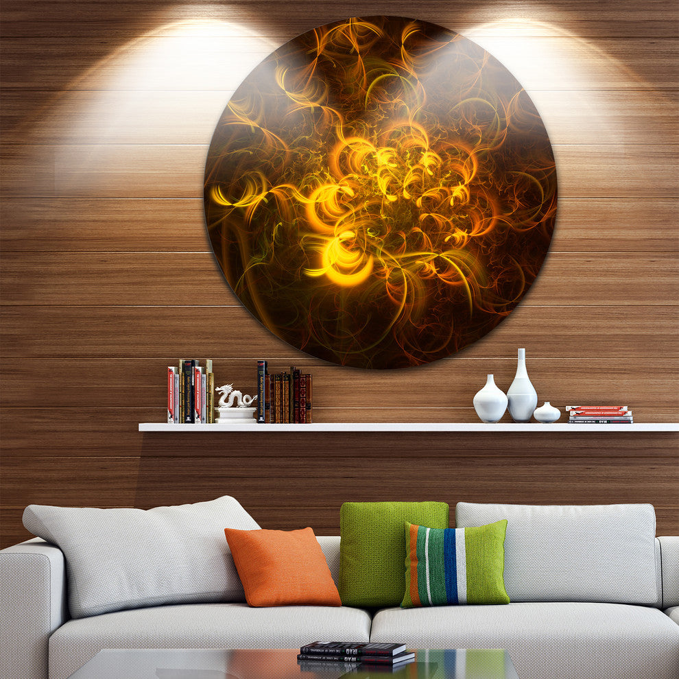 Golden Fractal Flower In Dark, Floral Abstract Disc Metal Artwork, 11"