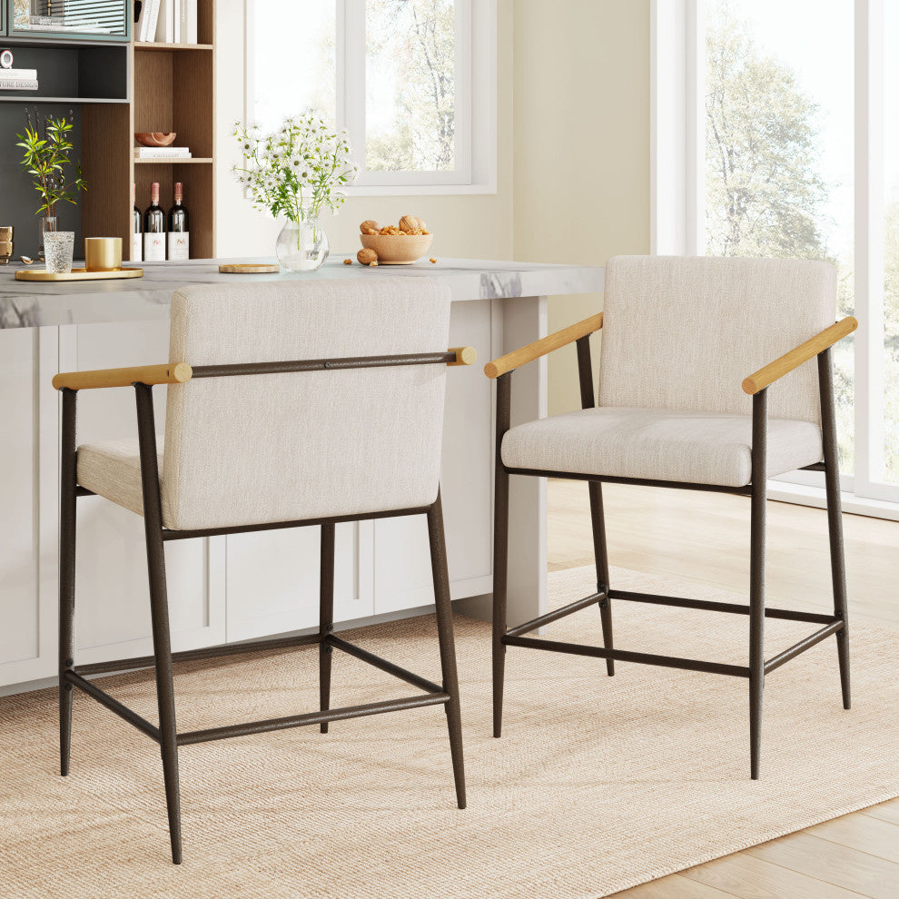 GDF Studio 26"H Mid-Century Modern Counter Stool With Iron Frame, Set of 2, Espresso/Beige