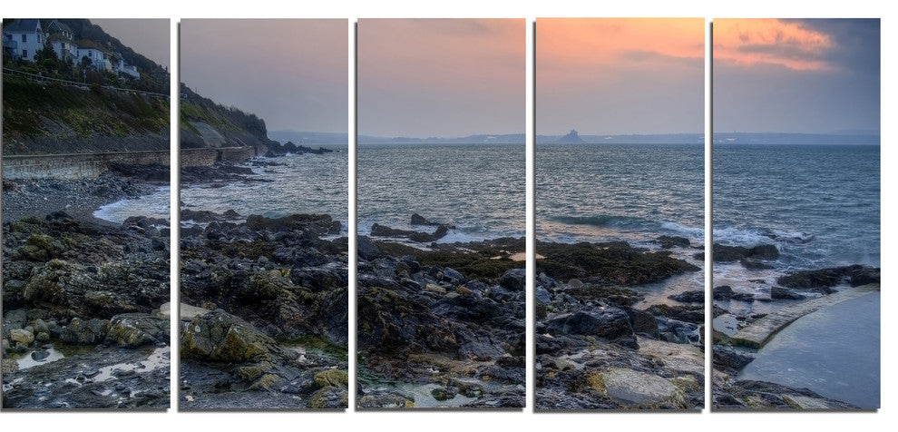 "Dark Rocky Seashore Sunrise" Seashore Canvas Art, 5 Panels, 60"x28"