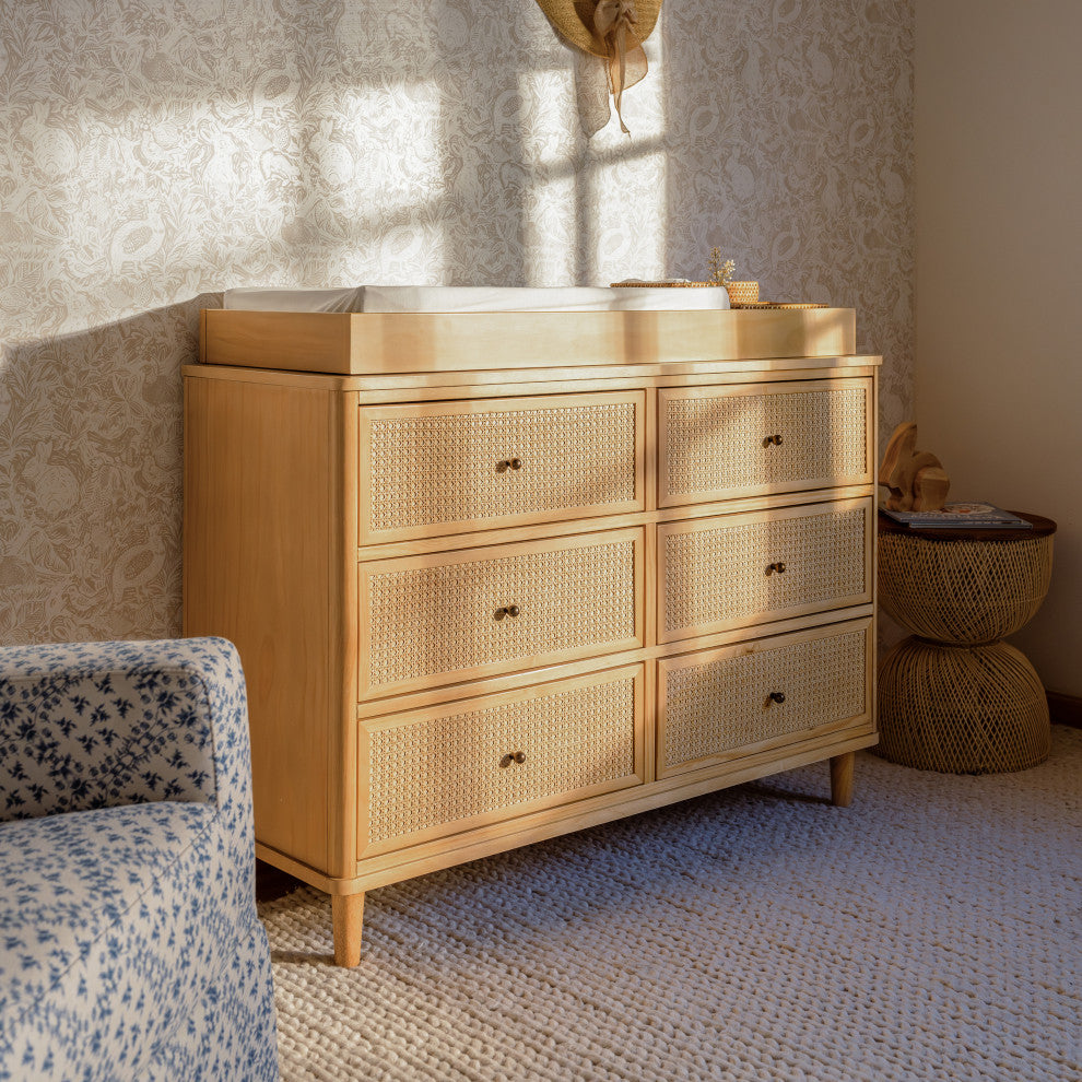 Marin With Cane 6 Drawer Assembled Dresser, Honey/Honey Cane