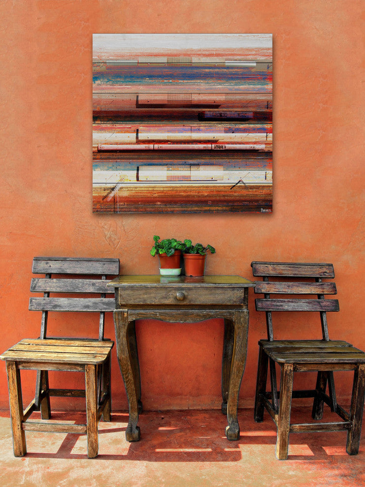"Trains on Tracks" Painting Print on White Wood, 32"x32"