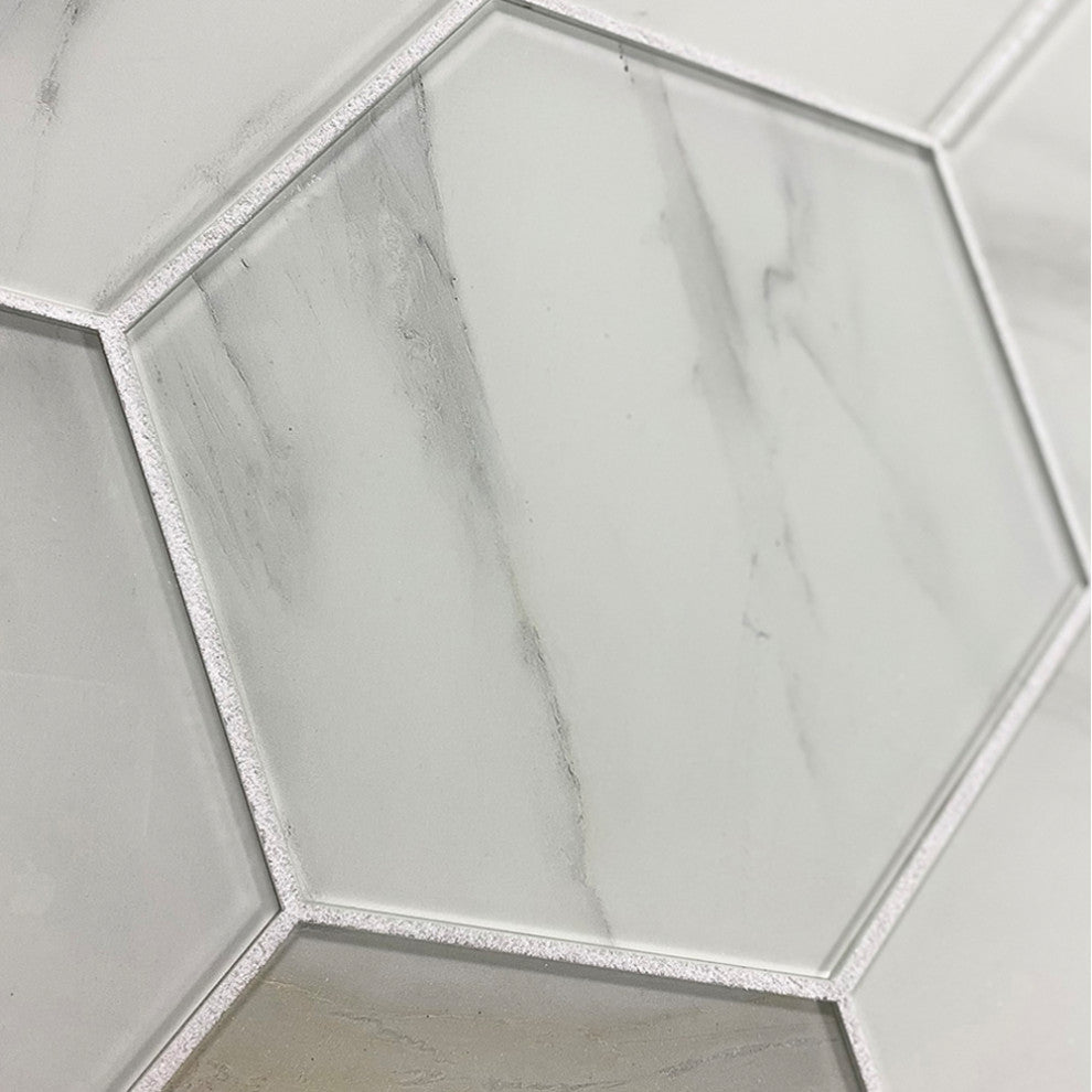Nature 8 in x 8 in Glass Hexagon Tile in Calacatta White, Set of 20