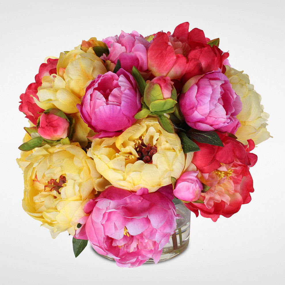 Silk French Peonies Bouquet in Glass Vase With Fake Water