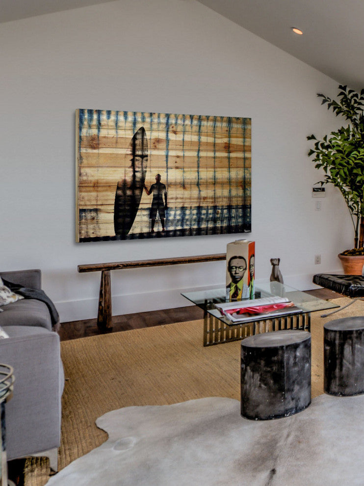 "Surf at Dusk" Print on Natural Pine Wood, 60"x40"