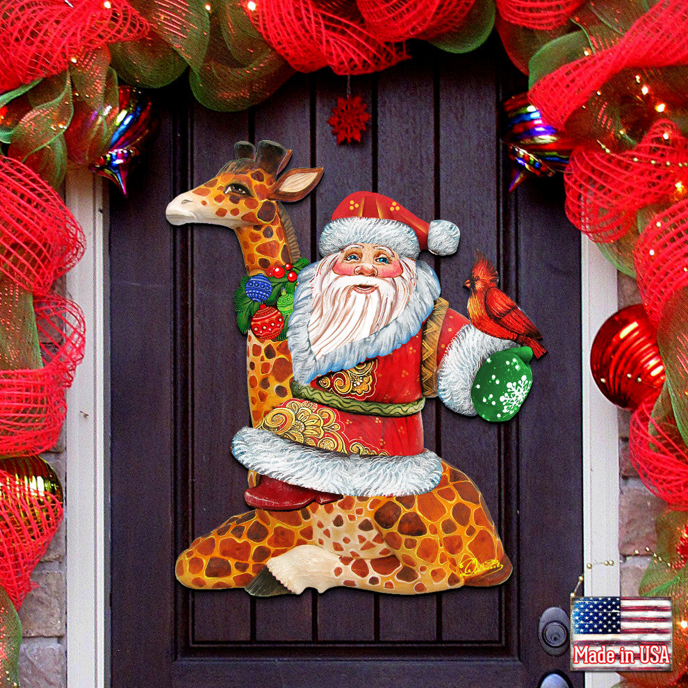 Santa On Giraffe Wooden Holiday Decorative Door Hanger