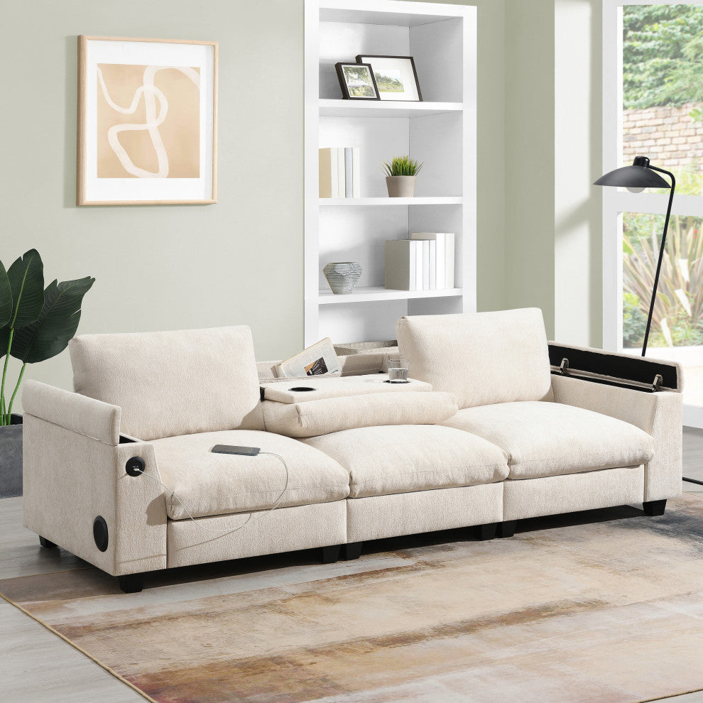 Alice Chenille Sectional Sofa, Bluetooth Speakers & USB Charger, Beige
