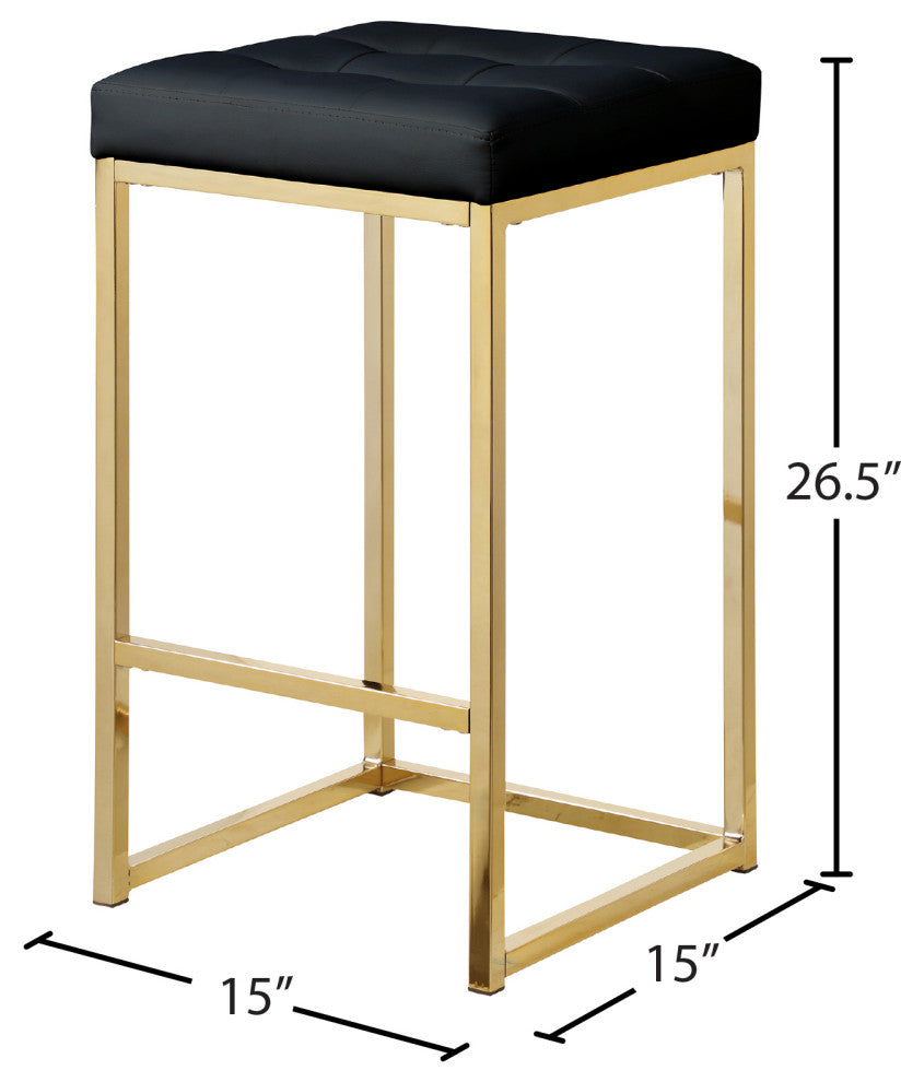 Nicola Counter Stool, Set of 2, Black, Vegan Leather, Gold Base