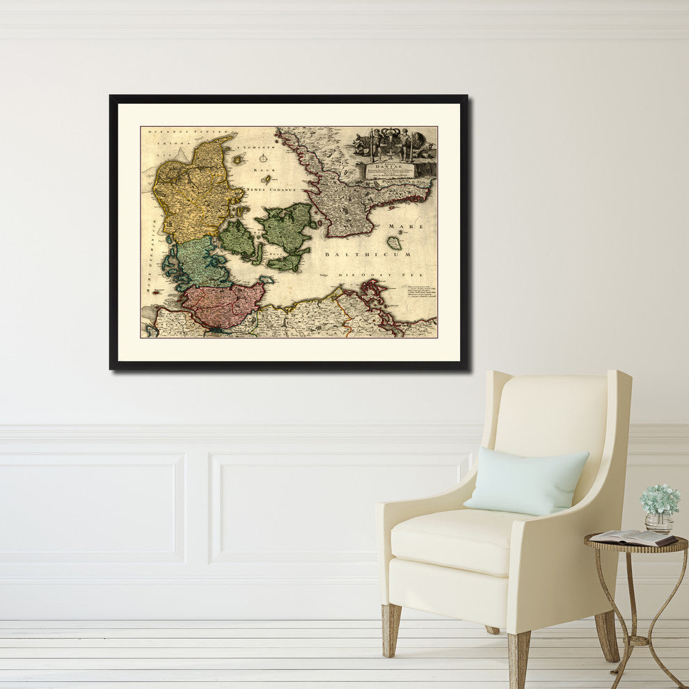 Denmark Centuries Vintage Map Print On Canvas With Picture Frame, 16" X 21"