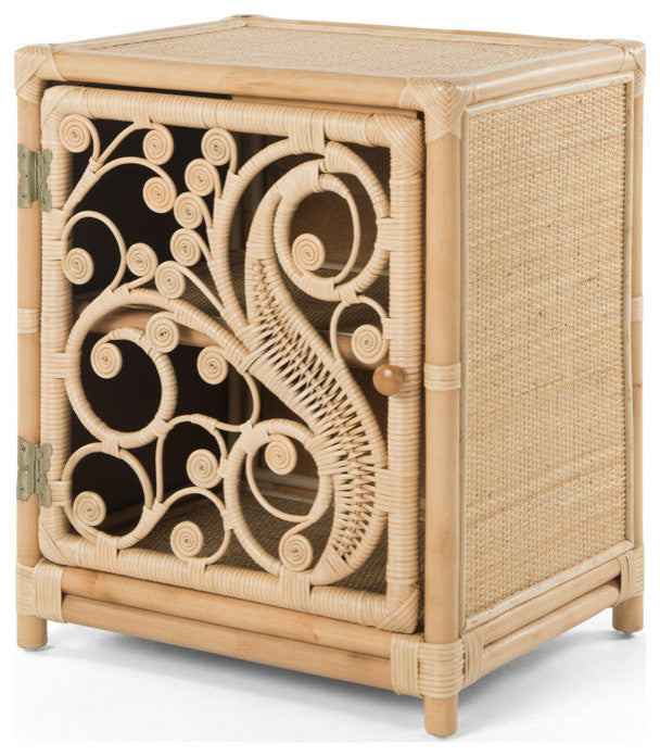 Rattan Peacock Nightstand, 1-Door, Opening Right, Natural