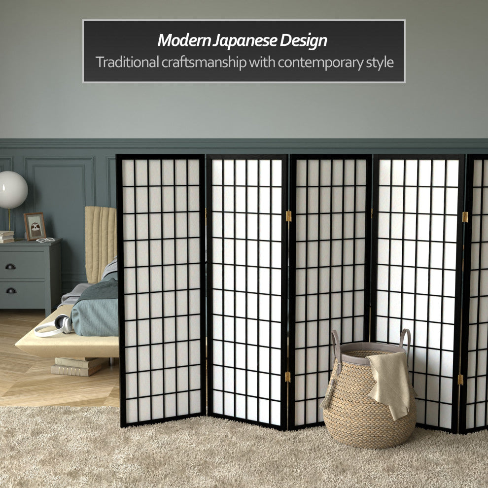 4' Tall Window Pane Shoji Screen, Black, 8 Panels