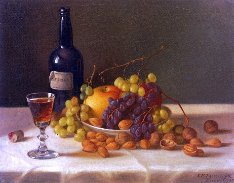 John F Francis Still Life: Fruit and Wine Glass Premium Canvas Print