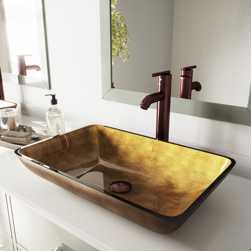 VIGO Donatello 22"L x 14"W x 5"H Glass Rectangula Vessel Bathroom Sink in Copper