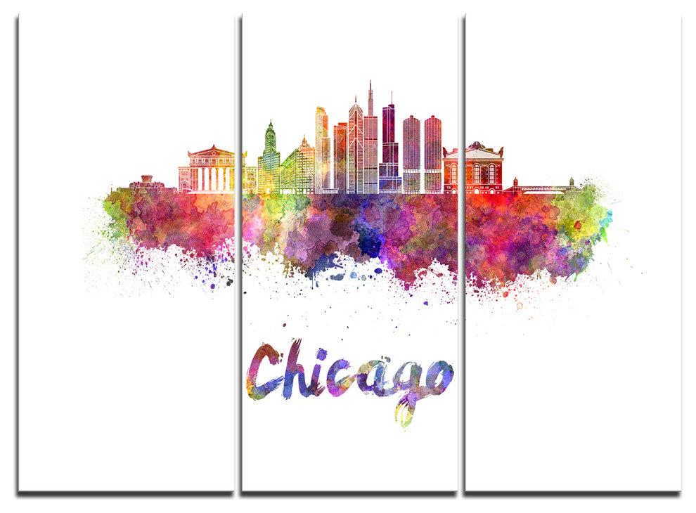 "Colorful Chicago Skyline in Watercolor" Metal Wall Art, 3 Panels, 36"x28"
