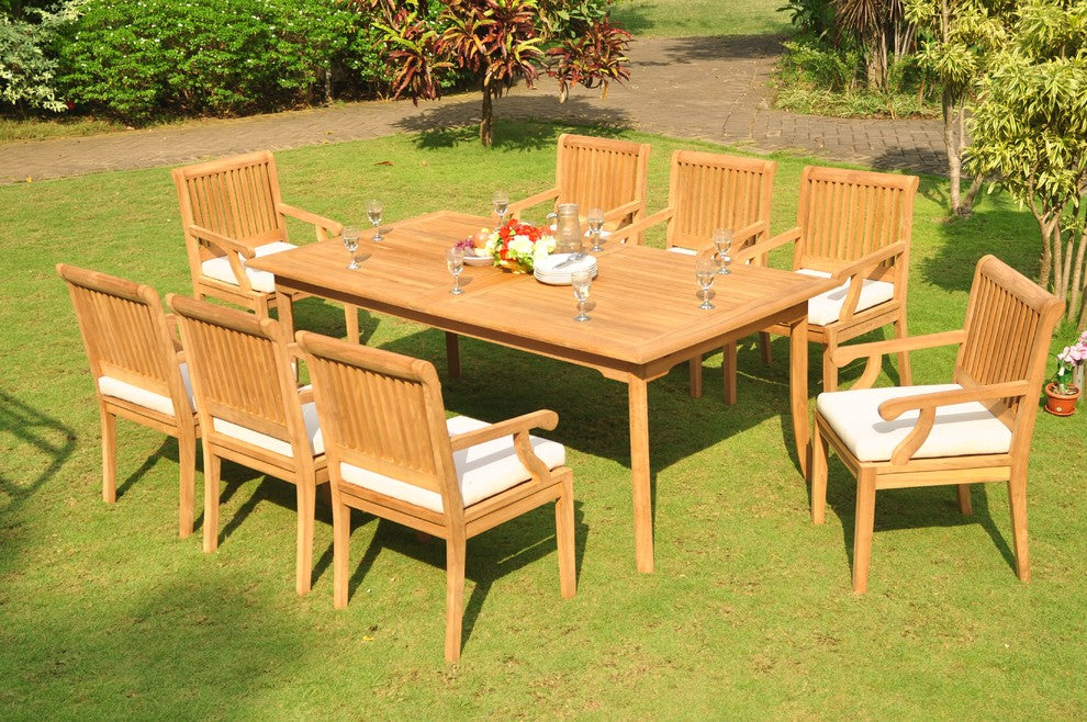 9-Piece Outdoor Patio Teak Dining Set: 83" Rectangle Table, 8 Sack Arm Chairs