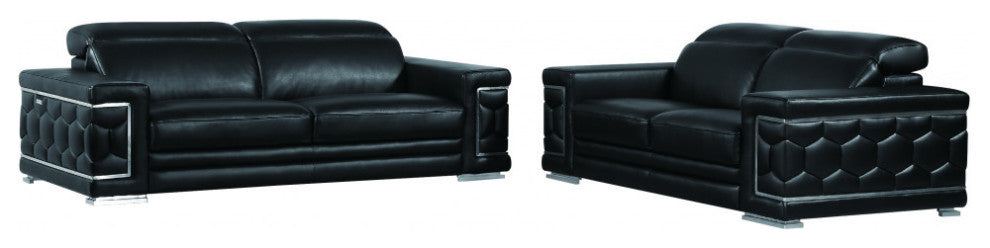 2-Piece Indoor Black Italian Leather Five Person Seating Set