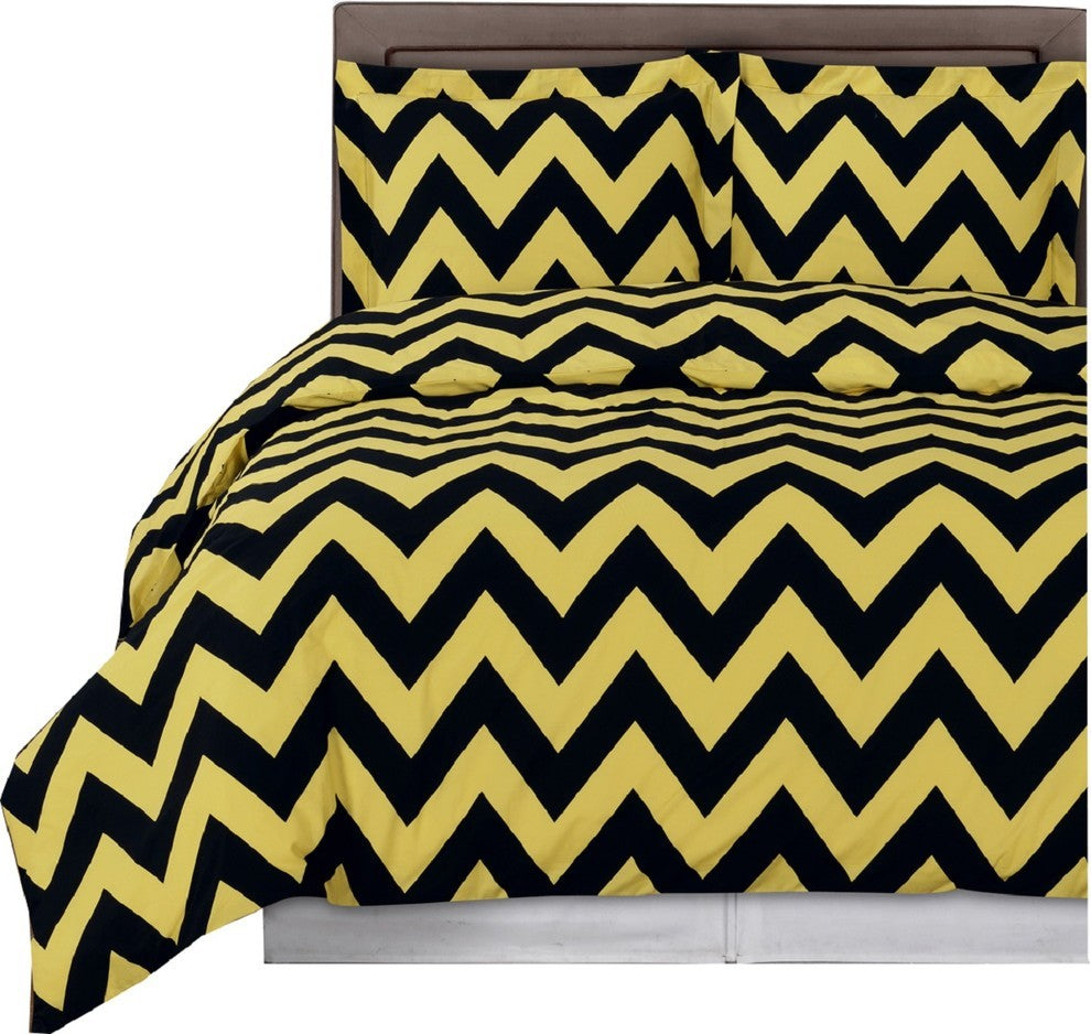 Chevron Printed 100% Cotton Duvet Cover Set, Gold and Black, King/Cal King