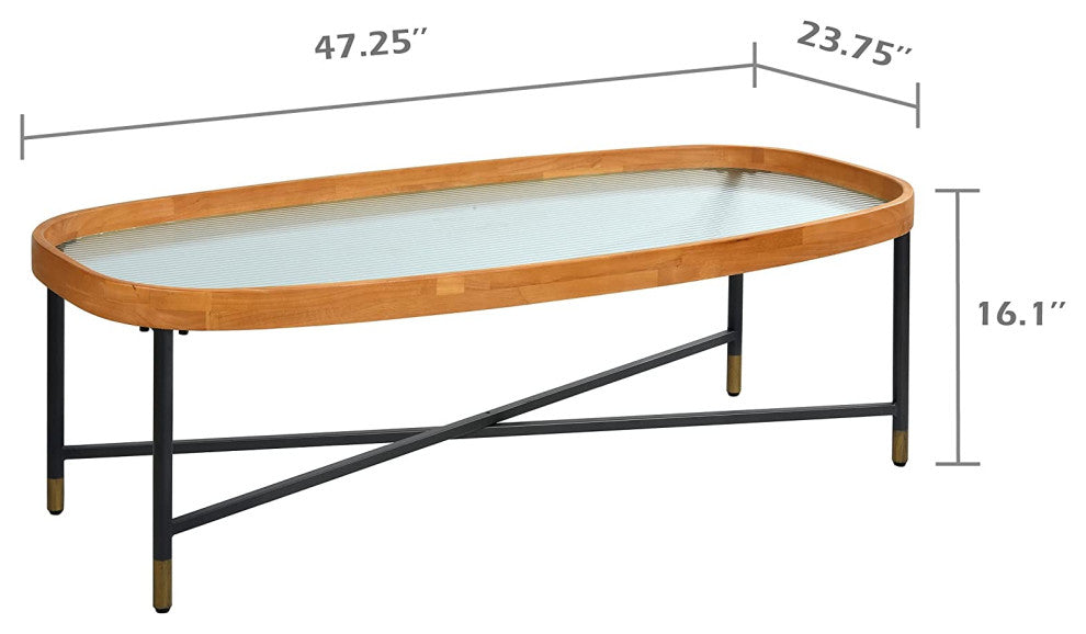 Tempered Architectural Glass Top Coffee Table, Rubberwood Tray and Metal Frame