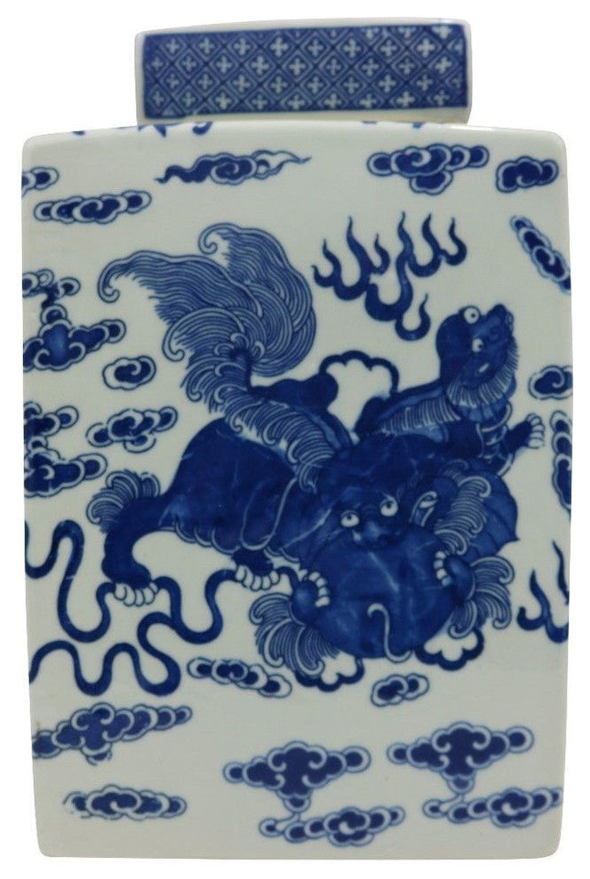 Blue and White Square Chinese Porcelain Ginger Jar Foo Dog Motif 11"