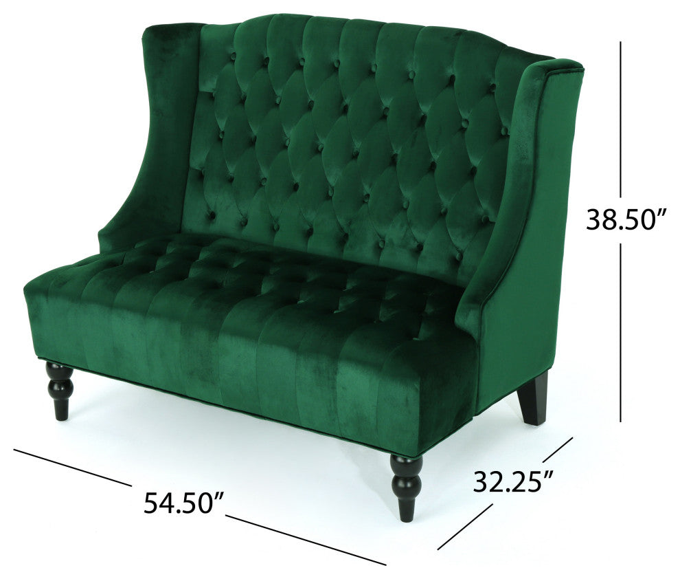 GDF Studio Leah Traditional Tufted High Winged Back New Velvet Loveseat, Emerald