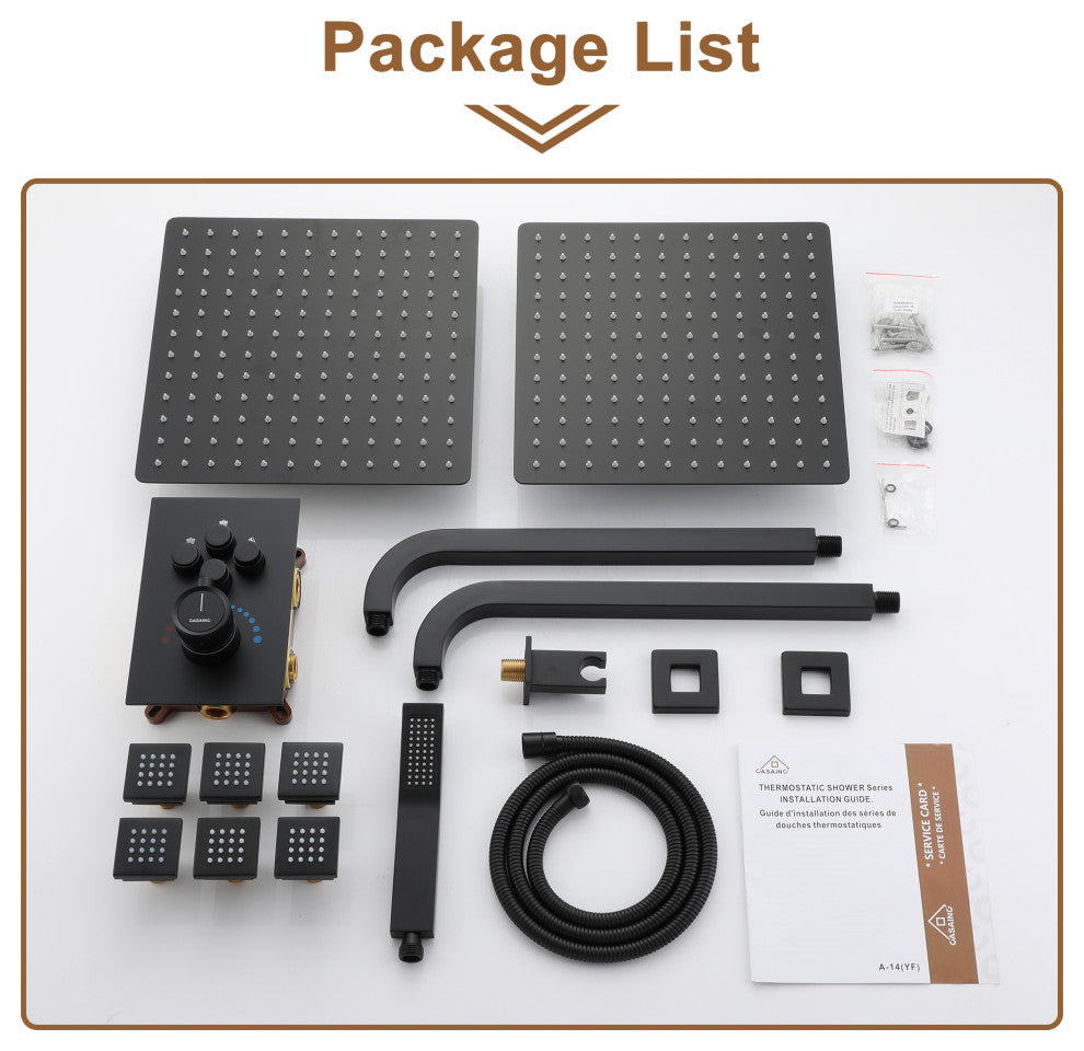 12" Dual Heads Shower System with 4 Way Thermostatic Faucet, Matte Black