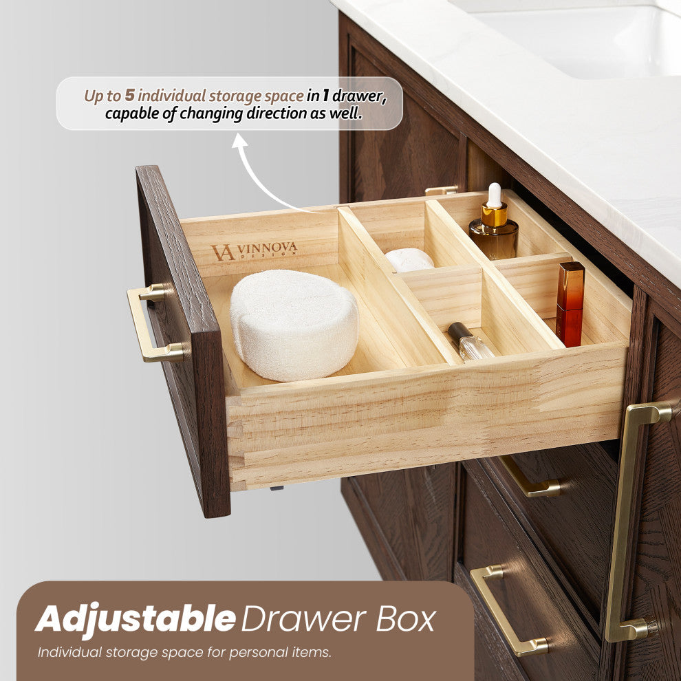 Jakarta Bath Vanity, Quartz Top No Mirror, Dark Brown Oak, 60", Double Vanity