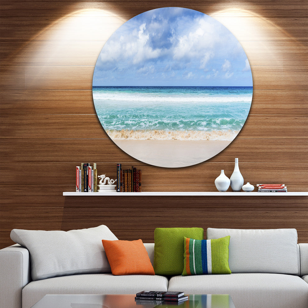 Tranquil Beach Under White Clouds, Seascape Round Metal Wall Art, 11"
