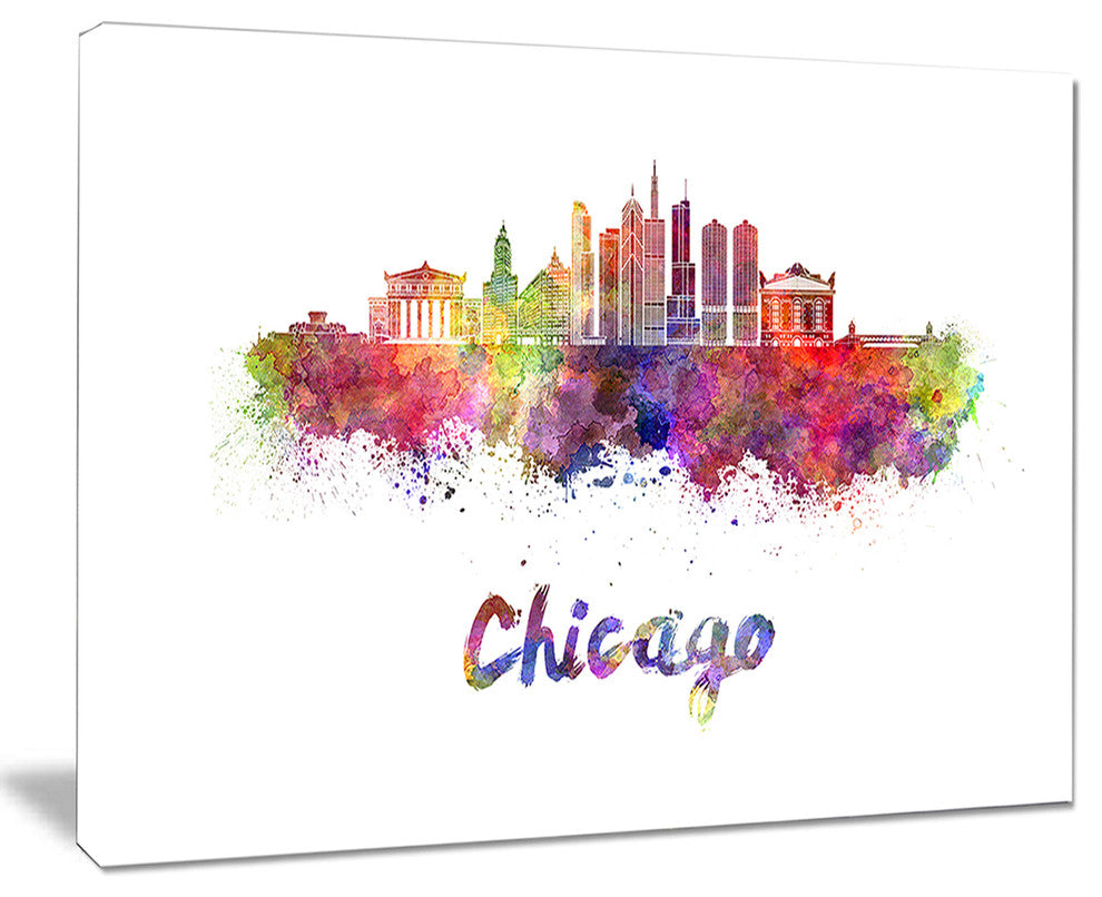 "Colorful Chicago Skyline in Watercolor" Wall Art, 40"x30"