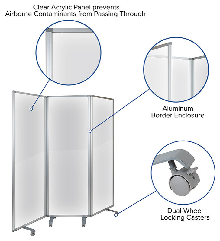 Transparent Acrylic Mobile 3 Section Partition  72"H x 24"L