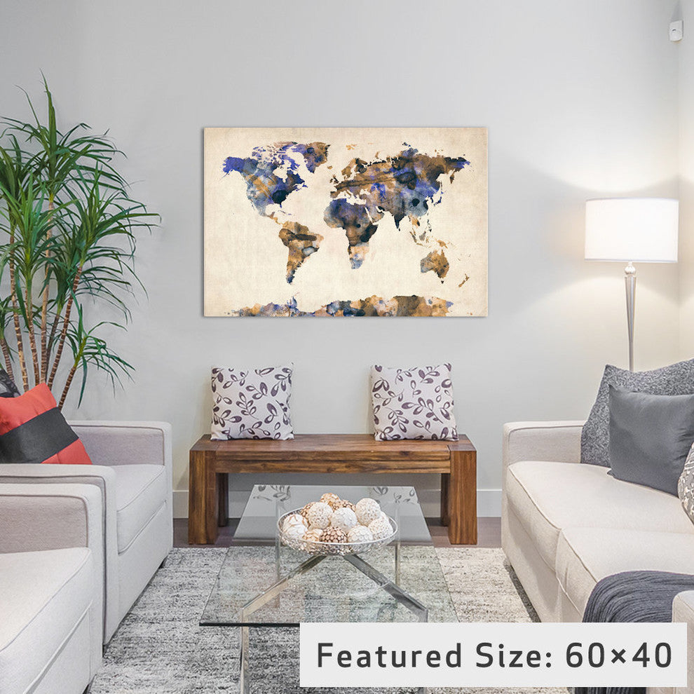 "Urban Watercolor World Map V" by Michael Tompsett, 40x26x1.5"