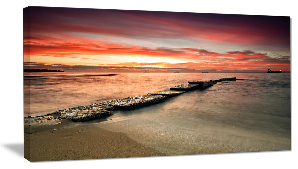 "Wonderful Sunrise On Black Ocean" Beach Canvas Wall Art, 1 Panel, 60"x28"