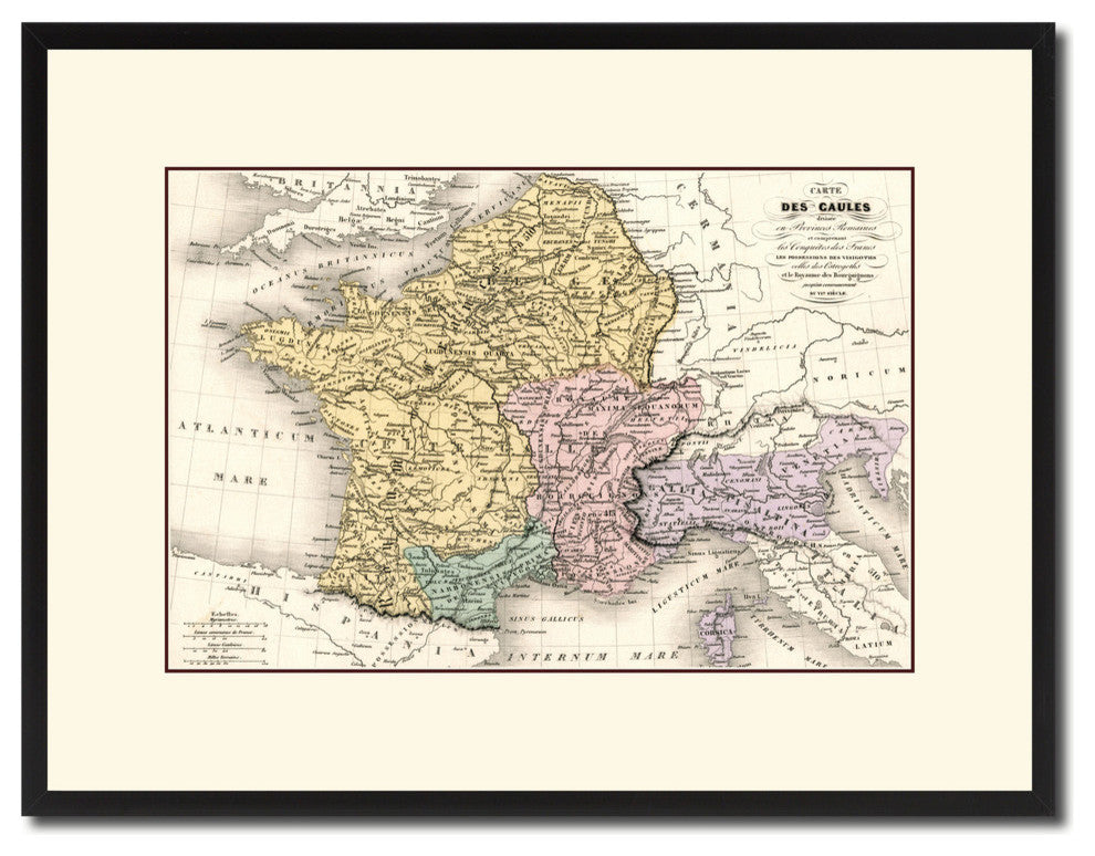 France Vintage Map Print On Canvas With Picture Frame, 16" X 21"