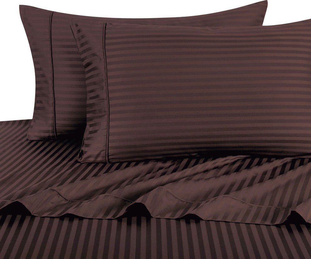 300 TC 100% Cotton Damask Stripe Sheet Set, Chocolate, Queen