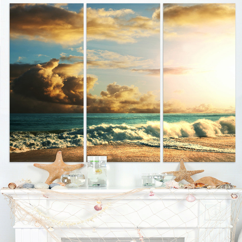 "Green Sea Beach Under Cloudy Sky" Beach Metal Wall Art, 3 Panels, 36"x28"