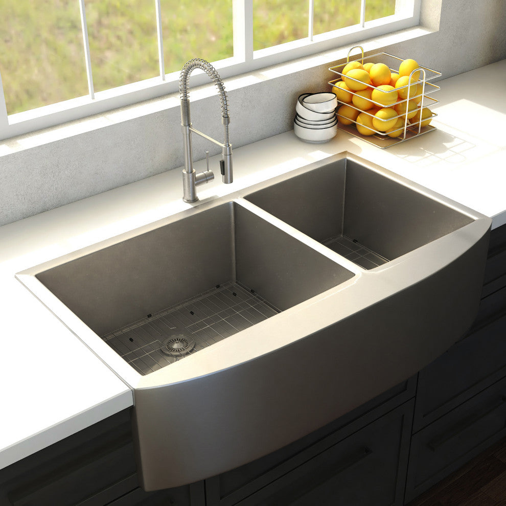ZLINE Farmhouse Double Bowl Sink in Stainless Steel with Bottom Grid