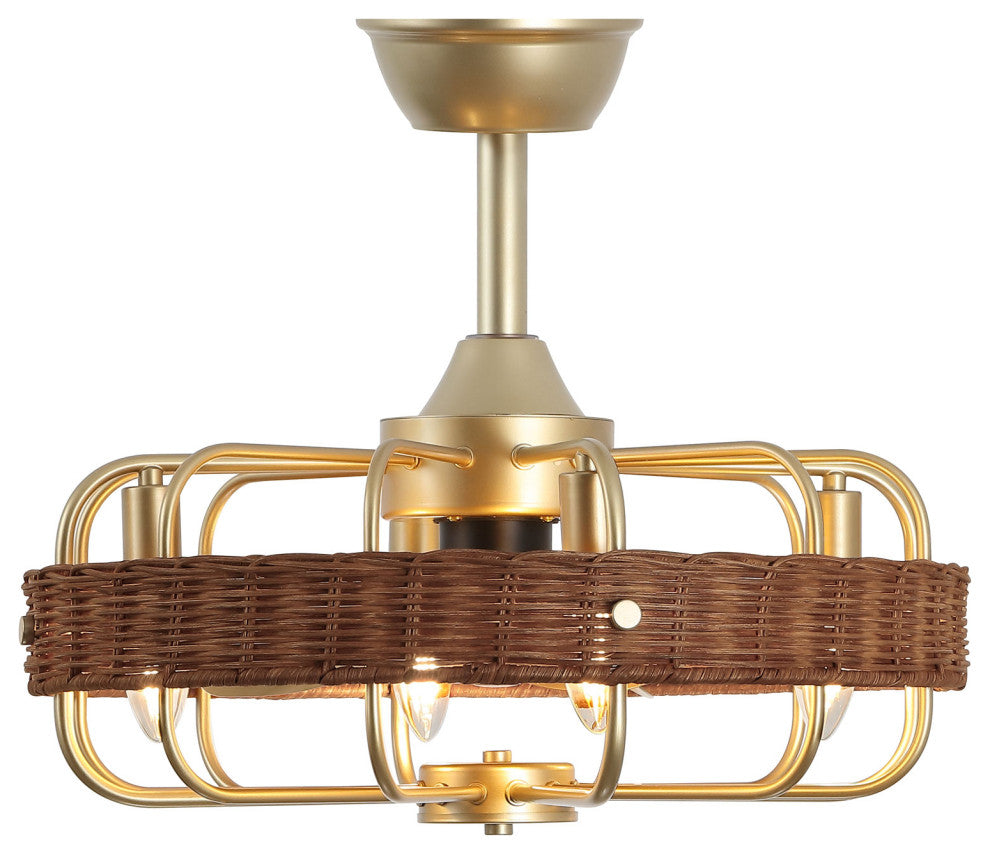 GetLedel 18" Rattan Ceiling Fan With Remote and Light, Gold/Walnut