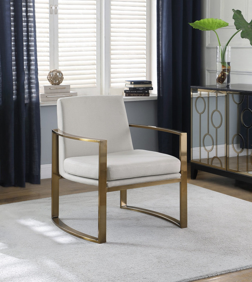 Accent Chair With Metal Frame and Arms, Cream and Bronze