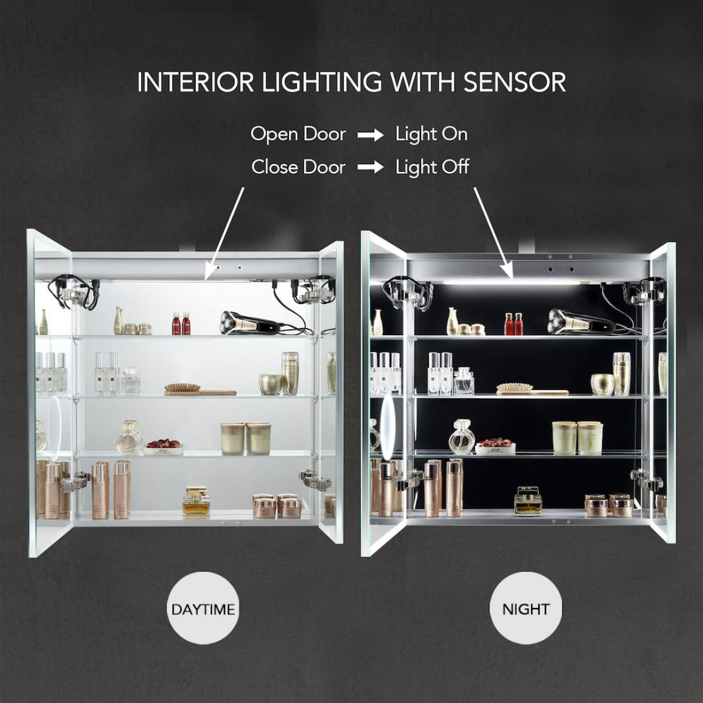 LED Mirror Medicine Cabinet With 3X, Defogger, Dimmer Outlets and USB, 30x32