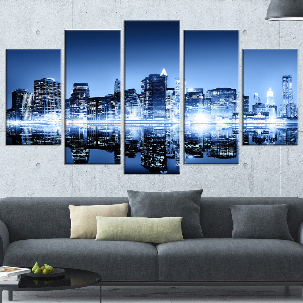 "Night New York City Mirrored" Cityscape Artwork Canvas, 5 Panels, 60"x32"