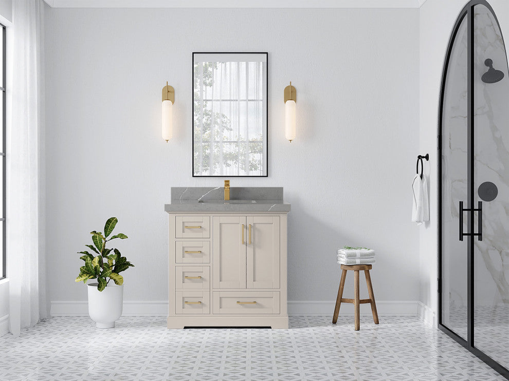 Boston 36" Center Sink Bath Vanity in Fine Grain 2" Piatra Gray