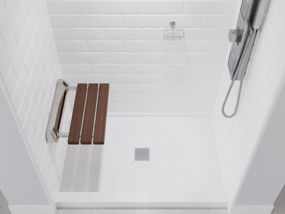 SteamSpa Teak Wall-mounted Folding Shower Seat in Brushed Nickel Trim 20 in.
