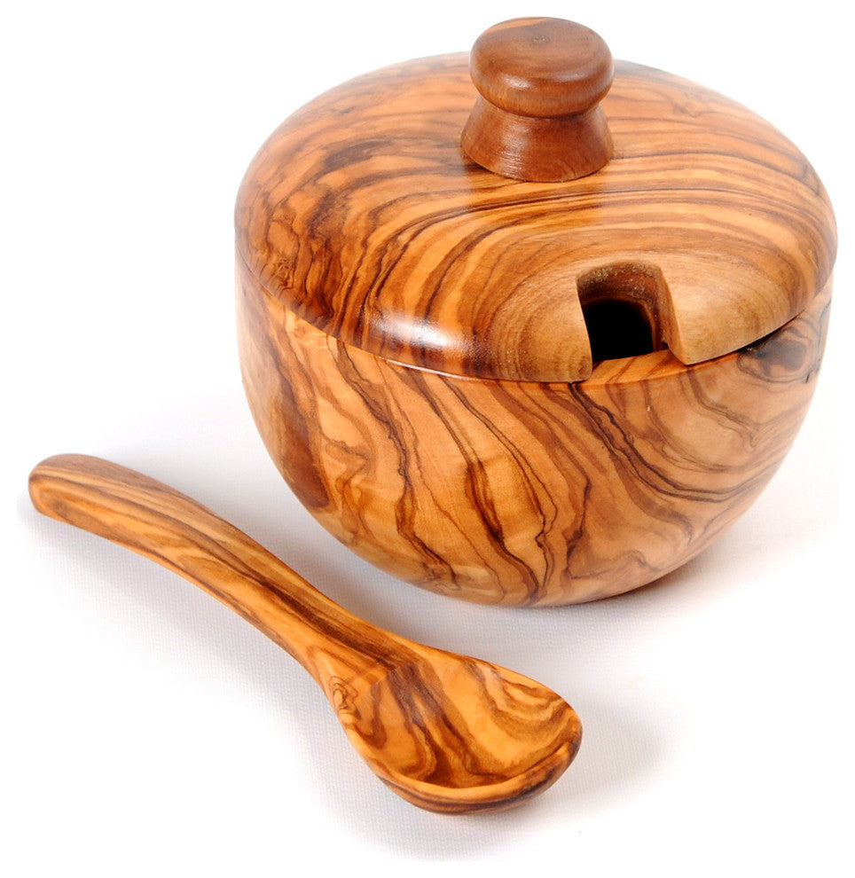 Handmade Olive Wood Sugar Bowl with Coffee Spoon