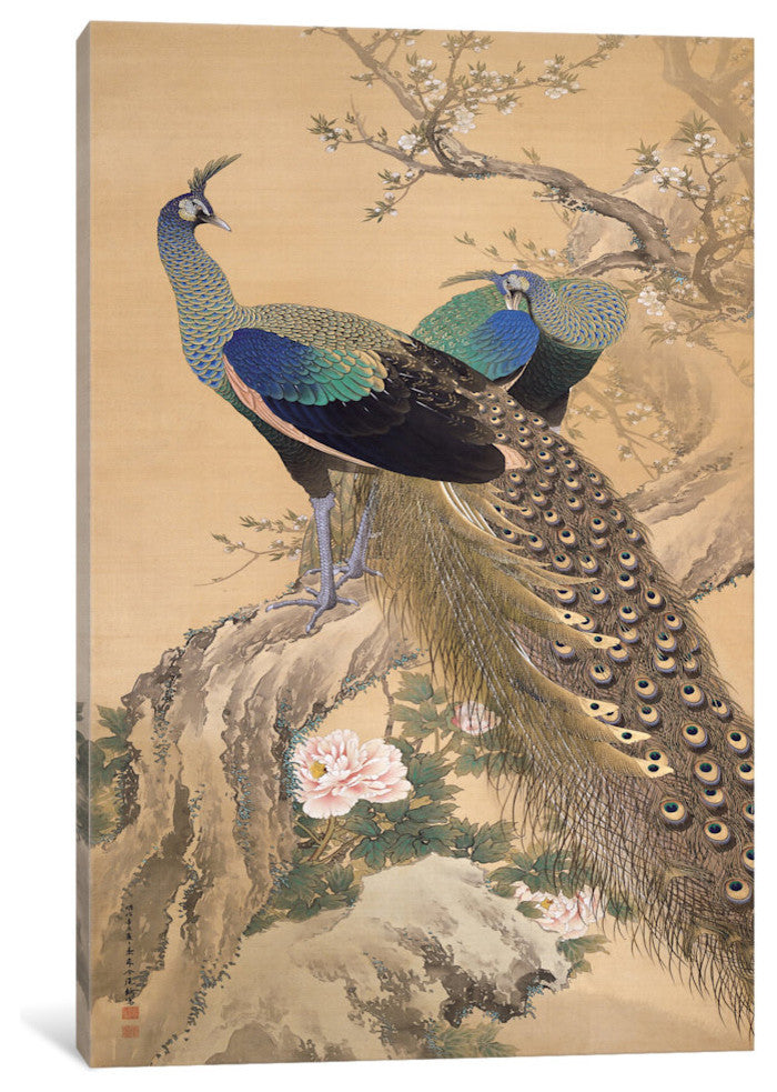 "A Pair Of Peacocks In Spring" Wrapped Canvas Art Print, 18x12x1.5