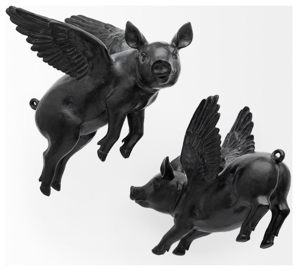 Hogbadi I White Resin Flying Pigs, Set Of 2, Black