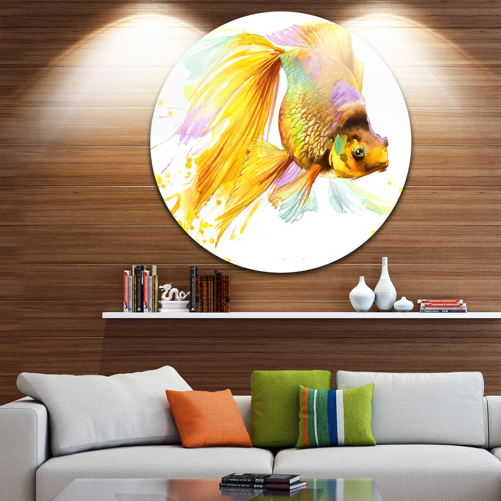 Gold Fish Illustration, Animal Painting Disc Metal Wall Art, 11"